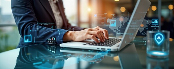 Poster - businessperson analyzes data on laptop. person uses tech tools for financial analysis. global map, c