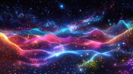 Poster - Vibrant Cosmic Landscape with Colorful Waves and Stars in the Night Sky Capturing the Essence of a Distant Nebula and Spectacular Universe