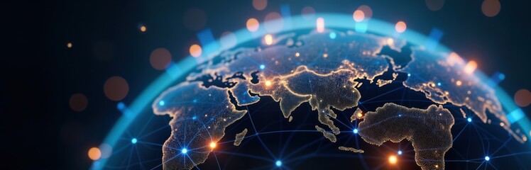 Poster - Global digital network. Earth map with glowing interconnected data points. Innovative IP video tech. Harnessing global connectivity. Illustration shows data transfer, global communication. High-tech