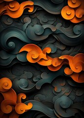 Poster - Ornate marble textured backdrop with swirling intricate patterns and dramatic chiaroscuro lighting showcasing a design in a moody dimly lit interior setting