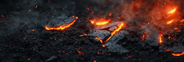 Poster - Smoldering ground with cracks and crevices emanating an intense orange glow from the molten lava beneath, creating a dramatic and dangerous scene, with smoke and sparks adding to the intensity