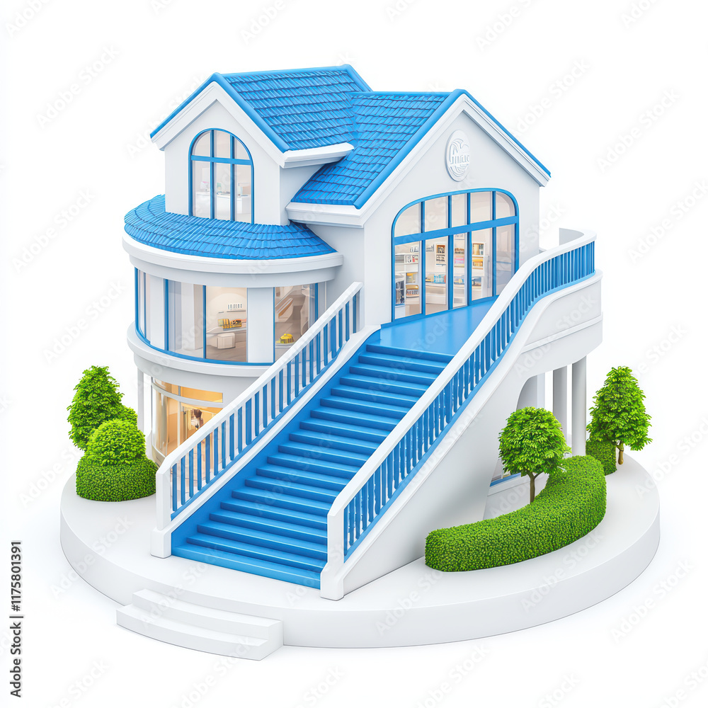 colorful 3D model of modern house with blue roof and stairs Stock ...
