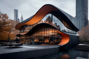 Poster - Undulating glass and steel panels of a thermosensitive office building with vibrant color transitions from warm to cool tones