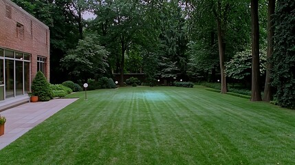 Wall Mural - Background light hues relaxation concept, Lush green lawn surrounded by trees and a modern building, ideal for outdoor activities or relaxation.