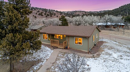 Wall Mural - Background light hues relaxation concept, A cozy house in a snowy landscape with mountains and a colorful sunset backdrop.