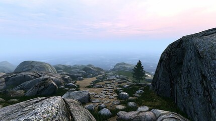 Wall Mural - background light hues relaxation concept, serene landscape featuring rocky terrain and distant hills
