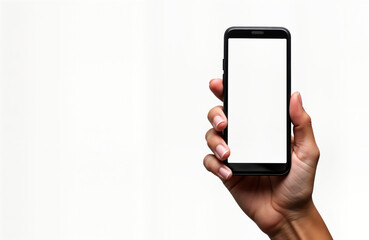 Poster - Hand holding black smartphone. Blank white screen. Isolated on white background. Modern tech device. Person using tech. Communication concept. Photo suitable for tech ads. Product display mockup.
