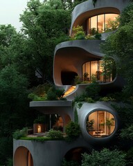 Poster - innovative eco friendly hydrogen powered apartment complex with organic curved forms and biophilic e