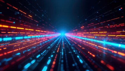 Poster - Abstract glowing lines in vibrant blue, orange colors create dynamic optical data concept. High-speed data transmission, vast capacity highlighted by fiber optic tech. Modern digital tech evokes