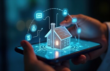 hands hold smartphone displaying smart home app. 3d house icon appears on screen. app manages home s