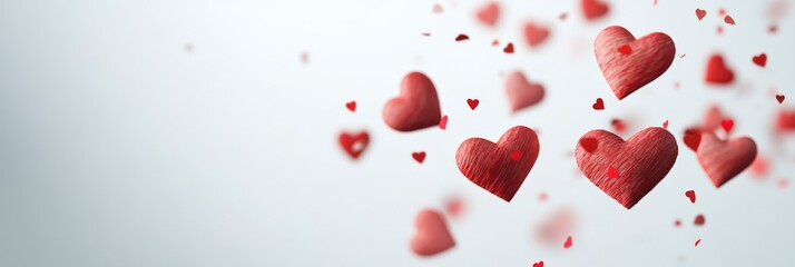 Aufkleber - Red wooden hearts of various sizes are floating on a light background, creating a romantic atmosphere perfect for valentine's day, mother's day or spring celebrations