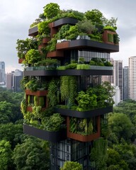 Poster - biophilic high rise towering glass and steel structure enveloped in a lush cascading vertical garden