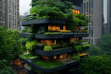 Poster - futuristic multi level vertical urban farm building with lush rooftop gardens vine covered facades a