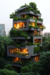 Poster - eco conscious residential complex with rooftop urban garden and vertical plant covered walls a visio