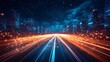 © NipaArts - Futuristic city highway at night with glowing lines and network connections.
