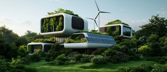 Poster - futuristic renewable energy commercial hub with comprehensive green technology solar shingles wind t