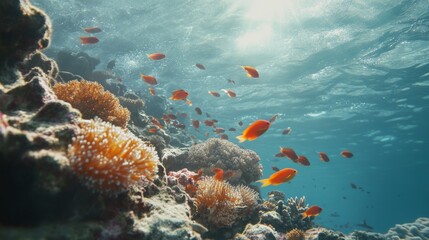 Poster - Sunlight filters through the rippling surface of a vibrant coral reef, illuminating a school of orange fish as they gracefully navigate the underwater world