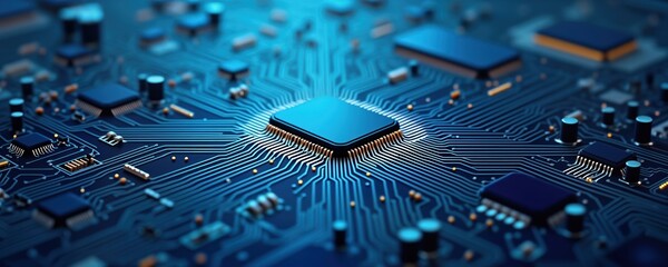 Fototapete - Close-up view of circuit board. Complex network of blue electronic tracks, components. Modern tech design with intricate details of chips, motherboard. High tech electronic parts. Future tech