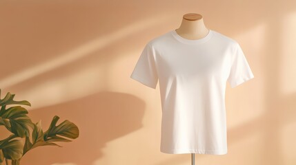 Poster - White t shirt mockup displayed on a mannequin against a pastel orange background, featuring a tropical plant and natural shadows creating a stylish and modern presentation for apparel design