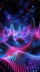 Poster - Abstract Digital Landscape with Vibrant Waves of Light and Colorful Neon Effects Representing Sound Waves and Energy Flow in a Futuristic Environment