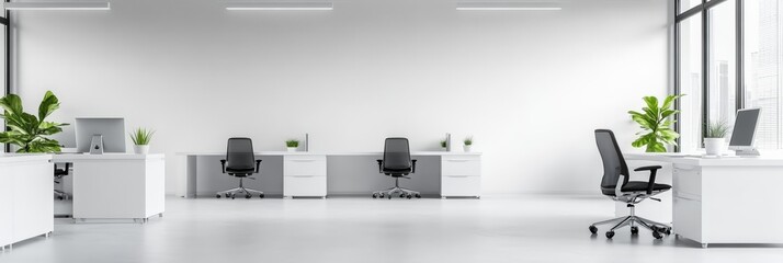 Aufkleber - Bright, modern open space office featuring a row of computer desks, large panoramic windows offering city views, a big blank wall, and a clean white floor, creating a minimalist atmosphere