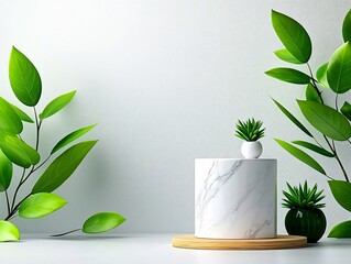 Poster - Sleek and modern marble texture podium or display pedestal standing against a plain white wall with an arrangement of lush green leafy plants and foliage  Clean