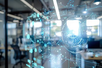 Poster - Digital network interface overlaid on modern office space.