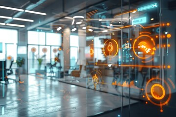 Poster - Modern office with futuristic interface overlay on glass wall.