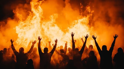 Poster - Group of people raising hands cheering and celebrating in front of huge bonfire flames at night, fire, warm colors, dark silhouettes, smoke, orange