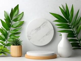 Poster - Elegant marble texture podium or pedestal display against a clean white wall background accented with lush green botanical elements such as palm leaves or other tropical foliage  Minimalist modern