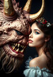 © SusDmi - Fine art photo of beauty and beast. Beautiful girl and a monster, fairy tale, concept, studio photography, with white tones
