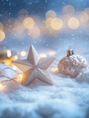Wall Mural - soft, blurred background of white snow with bokeh lights and sparkling stars, creating an enchanting