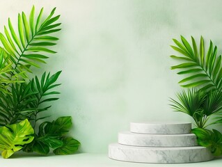 Poster - A sleek and modern marble podium or display stand set against a crisp white wall surrounded by lush green leafy plants and foliage