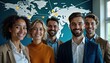 © Viktor - Happy diverse business team stands together. International colleagues look friendly, confident. Teamwork, global collaboration concepts visible. Professional business attire. Global connectivity