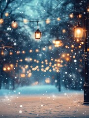 Wall Mural - a blurred background of an empty snowy winter scene with hanging lights and snowflakes