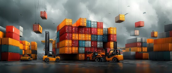 Poster - Expansive maritime shipping terminal with colossal freighters offloading and onboarding stacks of multicolored shipping containers bustling logistics with forklifts and heavy machinery