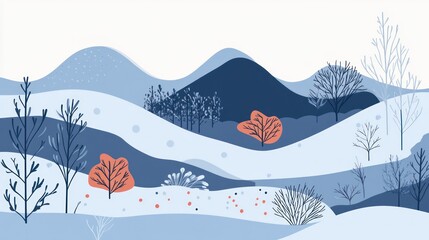 Winter landscape illustration, snowy hills, trees, background design, website banner