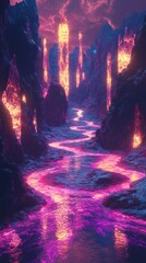 Poster - Enchanted Landscape with Glowing Mountains and Vibrant Waterway in a Surreal, Otherworldly Setting at Twilight