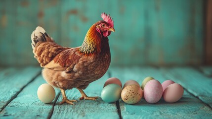 Wall Mural - Colorful easter eggs and hens. in ray of light on mint wooden background. Easter background.Toned image.Selective focus.