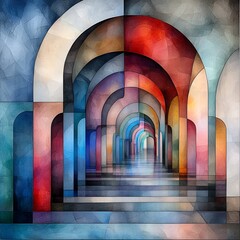 Poster - Captivating kaleidoscopic corridor of prismatic architectural illusions showcasing a dazzling array of rhythmic iridescent structures in a mesmerizing