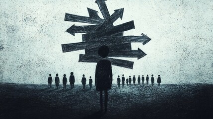 Poster - Conceptual depicting an abstract online community with various directional signage elements and shadowy silhouetted user avatars against a high contrast textured surface