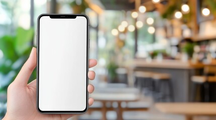Poster - Hand holding a smartphone with a blank white screen providing copy space for design in a blurred cafe background, perfect for showcasing mobile apps or websites