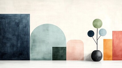 Poster - Minimalist Abstract Geometric Composition with Gentle Curves and Muted Tones of Soft Blues Greens and Pinks Arranged in a Balanced Layout