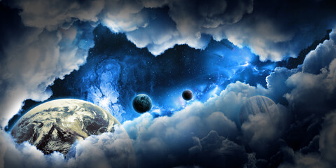 Wall Mural - planets in deep space against a beautiful nebula among clouds