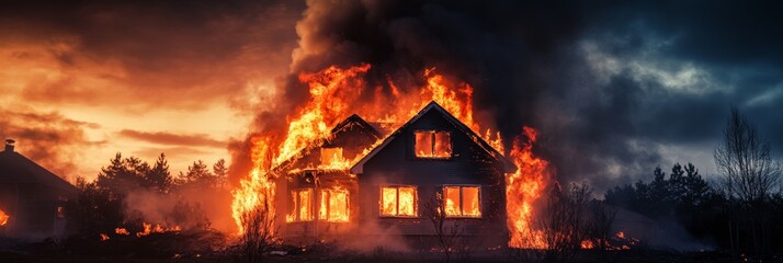Poster - Rising flames and thick smoke engulfing a suburban house at twilight, creating a dramatic scene of destruction and loss in the neighborhood, highlighting the dangers of fire