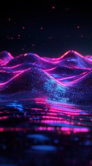 Poster - Vibrant Digital Landscape with Neon Waves and Glowing Lights in a Dark Background for Futuristic and Abstract Design Concepts