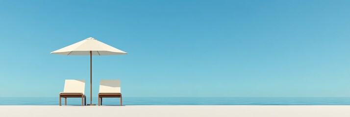Poster - Two empty sunbeds and a parasol stand on a pristine sandy beach, overlooking a calm ocean under a clear blue sky, offering a perfect spot for relaxation and enjoying the summer vibes