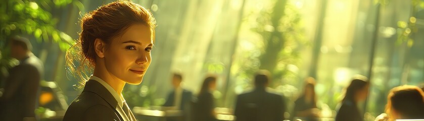 Wall Mural - Professional woman standing confidently in a bright office atmosphere with greenery and colleagues in background