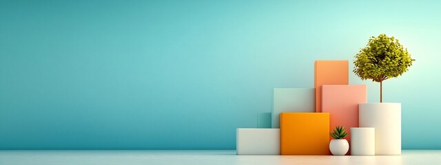 Poster - A digital rendering of a modern minimalist architectural composition featuring various geometric shapes cubes and blocks in neutral tones accented by a small tree or plant creating a clean simple