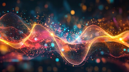 Poster - Abstract Colorful Light Waves with Sparkles and Glowing Particles Creating a Dynamic Visual Effect for Backgrounds and Digital Art Projects
